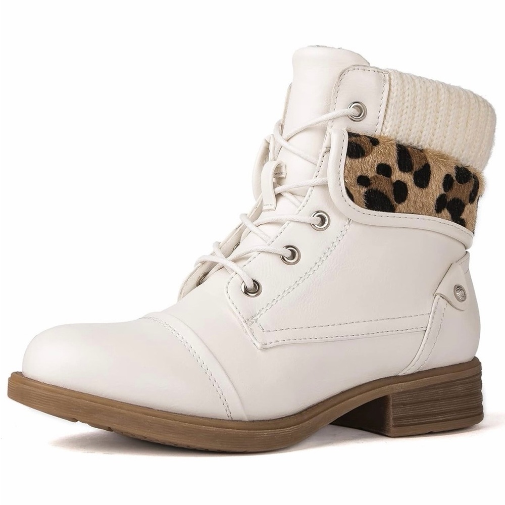 Global Win Women's White Lace-Up Boots with Leopard Accent